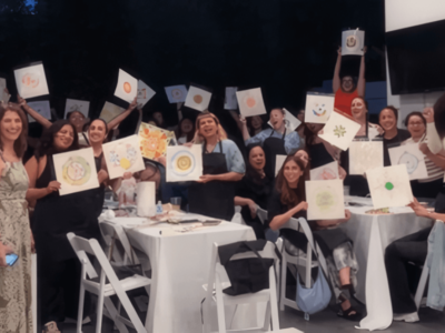 Photo of a group of business professionals holding up the artwork they completed during a workshop