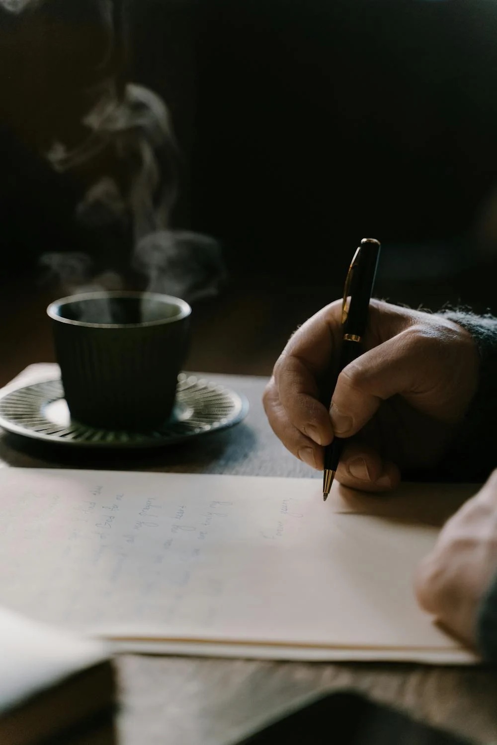 A close-up of a person writing with a pen on paper beside a steaming cup of coffee — a quiet, introspective moment of creativity or journaling.